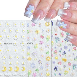 3 Sheets White Daisy Flower Nail Art Stickers 5D Self-Adhesive Embossed Blossom Flowers Petals Nail Design Nail Stickers Summer Colorful Floral Cute Nail Decals for Women DIY Acrylic Nail Decoration