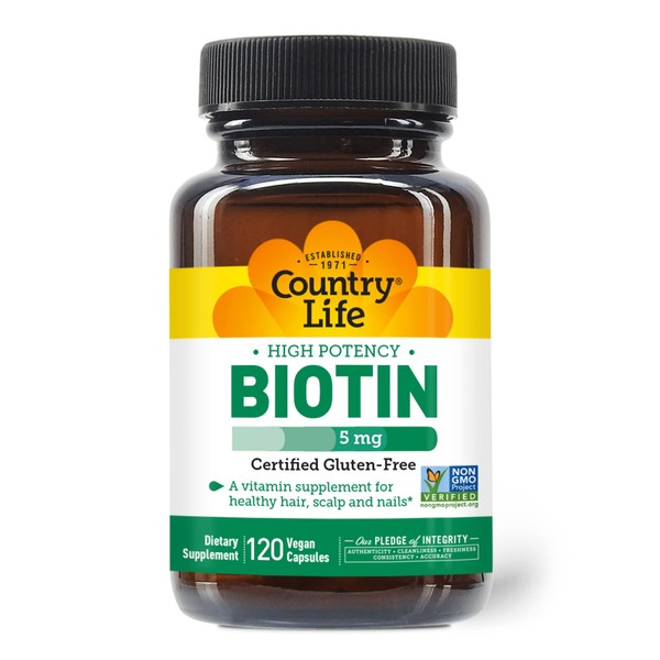Country Life Biotin High Potency, 5mg, 120 Count, Certified Gluten Free, Certified Vegan, Verified Non GMO
