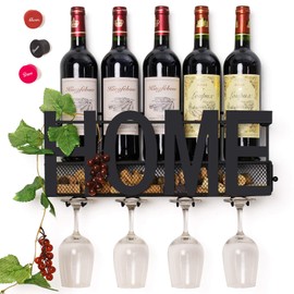 Wall Mounted Metal Wine Rack 4 Long Stem Glass Holder & Wine Cork Storage by Soduku