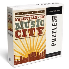 Lantern Press Nashville, Tennessee, Skyline and Sunburst Screenprint Style 1000 Piece Jigsaw Puzzle for Adults, Made in USA with Reference Poster