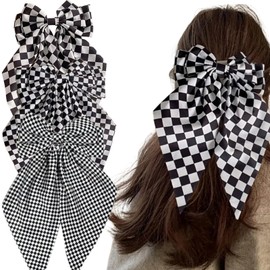 3 Pcs Black White Checkered Bowknot Hair Clips Checker Print Hair Bow with Long Tail for Women Girls Christmas Birthday Party Daily Use Barrettes