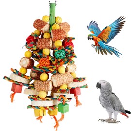 Dulynva 16.5 Inch Parrot Toy, Colourful Bird Toy, Hanging Cockatiel Toy, Bird Parrot Chewing Toy with Corn on the Cob and Carambols, Wood, for All Parrots and Birds