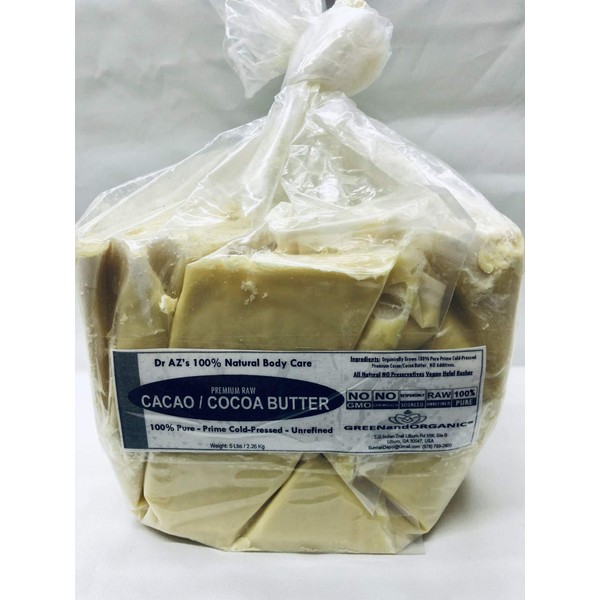 GREENandORGANIC 5Lbs RAW Cocoa Butter/Cacao BUTTER Organic Unrefined Natural 100% Pure Prime Cold Pressed Virgin Fresh Body Butter Skin Moisturizer DIY Lotion Balm Beauty Care