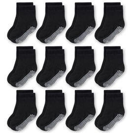 CozyWay Baby Non-Slip Crew Socks with Handles for Toddlers Little Boys Girls Toddlers Kids Non Slip Black 12 Pairs 0-6 Months, black 12 pairs