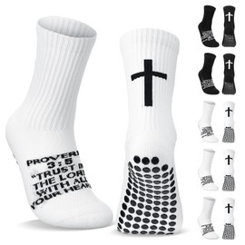 Christian Grip Cross Socks Anti Slip Religious Soccer Socks Bible Verse for Football Sport(White,Proverbs 3:5)