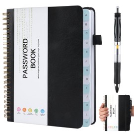 Password Book Alphabetical with Tabs, Address Books, Spiral Password Notebook, Telephone Book with Pen for Password and Address Management, Home Office 5.6×7.68 in (Black)