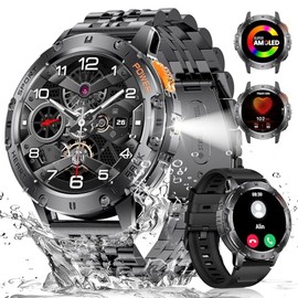ESFOE Reloj Inteligente Hombre,1.43" AMOLED Smartwatch Hombre Militar con LED Linterna 5ATM Impermeable 530mAh Alertas Whatsapp,120+ Modos Deporte Pulsómetro Presión Arterial Monito de Sueño