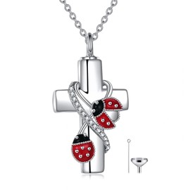 POPLYKE Ladybug Cross Urn Necklace for Ashes Sterling Silver Cross Locket Necklace Cremation Jewelry Gift for Women (Ladybug)
