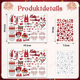 BOYATONG 4 Blatt Gesichtstattoo Karneval Kölner Kostüm Damen Herren Glitzer Gesicht Aufkleber, Klebetattoos Kölle Alaaf Rot Weiss Herz Glitzersteine Tattoos, Erwachsene Kinder Fasching Schminke Accessoires