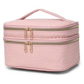 LOFOWN Large Makeup Bag for Women Double Layer Cosmetic Bag with Jewelry Organizer Compartment Waterproof Travel Toiletry Bag (B/Pink)