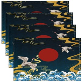 Japanese Ukiyoe Table Mats Placemat 45X30cm Hokusai Pattern Placemats Set of 4 for Kids Crane Placemats for Dining Table Indoor Outdoor Kitchen Wave Pattern Table Place Mats