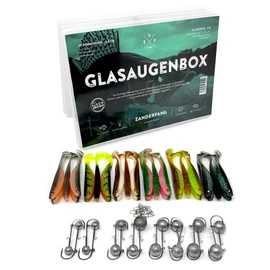 Zanderfang - Rubber Fish Box with Jig Head for Zander Fishing with Rubber Fish - 30 Zander Rubber Fish in 6 Colours in 9.5 cm - 16 Jig Heads Size 2/0: 5-20 g + 10 Hooks (Snaps)