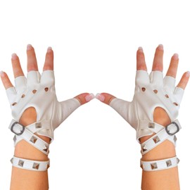 Skeleteen Fingerless Punk White Gloves - Faux Leather Biker Gloves with Belt Up Closure and Rivet Design for Women and Kids