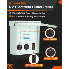 RV Temporary Power Outlet Panel, ETL Listed, 20/30/50 Amp NEMA 14-50R TT-30R 20A GFCI (NEMA 5-20R) Receptacles, Lockable Electrical Outdoor RV Outlet Box for Camper, Travel Trailer