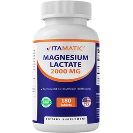 Vitamatic Magnesium Lactate 2000mg per Serving – 180 Tablets – Supports Muscle, Heart, Bone & Nervous System Health* – Non-GMO, Gluten Free, No Artificial Additives