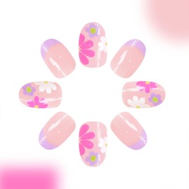 Flower Press on Nails Short Almond Fake Nails French Tip Nails Press ons Colorful Flowers Acrylic Nails Nude Pink Full Cover Glue on Nails Floral False Nails for Women Girls 24 Pcs
