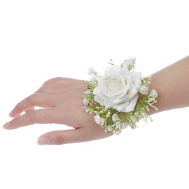 Guqqeuc Rose Wrist Corsage with Stretch Pearl Bracelet for Bridesmaid Flower Wrist Wristband for Girls Wedding Corsage Hand Flower for Wedding Prom Decorations