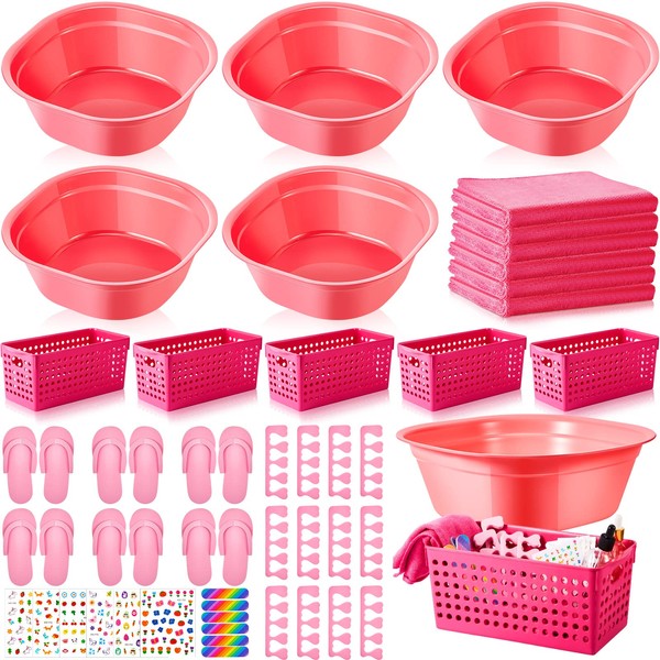 Mumufy 6 Sets Kids Foot Spa Kit for Girl Spa Party with Pink Washbasin Salon Towels Nail Kit for DIY Manicure and Pedicure Set with Foot Care Kit for Spa Party Sleepovers Slumber Party (Fresh Color)