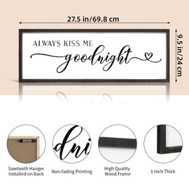 JUMBO DECOR Always Kiss Me Goodnight Sign for Bedroom Wall Decor, Large Above Farmhouse Bedroom Sign with Solid Wood Frame for Couples, Love Theme Above Bed Wall Decor, 27.5''×9.5'' (Black)