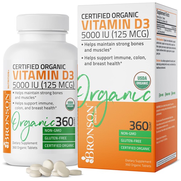 Bronson Vitamin D3 5,000 IU (1 Year Supply) for Immune Support, Healthy Muscle Function & Bone Health, High Potency Organic Non-GMO Vitamin D Supplement, 360 Tablets