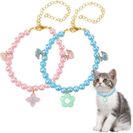 2PCS Pearl Cat Collar,Adjustable Dog Necklace Cat Neck Strap Dog Accessories Cat Collars for Girl Cats Puppy (Pink+Blue)