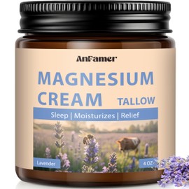 AnFamer Magnesium Cream for Sleep, Tallow Based Magnesium Lotion and Leg Cramps, Muscle Relaxation, Nighttime Deep Hydration with Shea Butter Jojoba & Vitamin E for Skin Care, Safe for Kids(Lavender)
