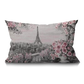 BGBDEIA Oil Painting Cushion Cover Paris Eiffel Tower Flower Roses and Leaf Cotton Linen Decorative Rectangular Throw Pillow Cover Pillowcase for Sofa and Bed Couch 12"X20" 30 x 50 cm