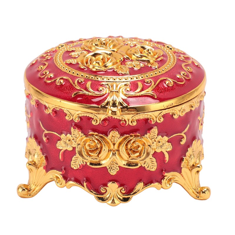 Vintage Metal Jewelry Box Round Exquisite Hand Carved Gold Flower