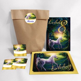 JuNa-Experten Set of 12 Invitation Cards, Envelopes, Bags, Stickers for 8th Children's Birthday Girls Unicorn / Invitation Birthday / Unicorn / Princess Party