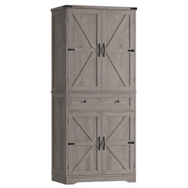 HOSTACK 71" Tall Pantry Cabinet, Farmhouse Kitchen Pantry with Storage Shelves, Barn Doors Food Storage Cabinet, Freestanding Kitchen Hutch with Large Drawer for Dining Room, Living Room, Ash Gray
