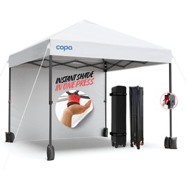 Copa 10x10 Pop Up Canopy Tent, One Press Instant Up, Canopy Tent 10x10 with Removable Sidewall, Bonus 4 Ropes, 8 Stakes Outdoor Tent (White Tent)