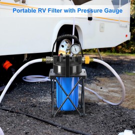 6-Layer RV Water Filter with Stand and Pressure Gauge, 3/4" GHT Metal Threads Inline Water Filter, Removes Sediments, Chlorine, VOCs, Heavy Metals, Bad Taste, Odor, and More