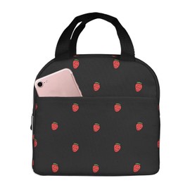 weecool Black Aesthetic Strawberry Lunch Bag for Women Men, Reusable Strawberry Insulated Lunch Box Container with Frond Pocket for Work Picnic Travel
