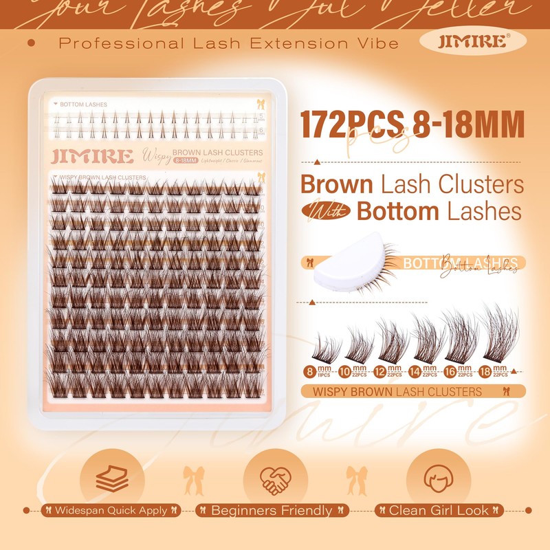 JIMIRE Brown Cluster Lashes Wispy Individual Eyelashes Natural Dark Brown