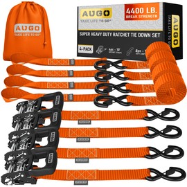 AUGO Heavy Duty Ratchet Straps & Soft Loops – Pack of 4 Extra Strong 1.5” by 10’ Ratchet Straps w/S-Hook Safety Latches & 4 Soft Loop Tie Downs – 4400Lb Break Strength for Motorcycles, ATVs, Etc.