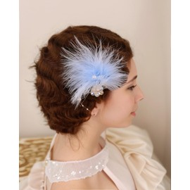 Kenjudess 1920s Feather Flapper Hair Clips for Women White Swan Hair piece Crystal Feather Hair Pins Brooch Fascinator Bridal Wedding Party Hair Accessories (Blue)