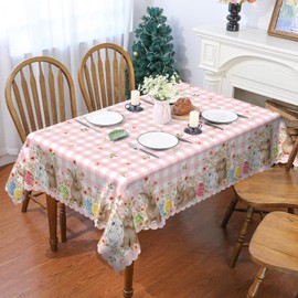 Easter Tablecloth 60 x 84 Inch Rectangle, Easter Decorations for Home Easter Decor Happy Easter Bunny Table Cover Seasonal Spring Scallop Edge Table Cloth Table Decorations
