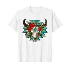 Roses With Aztec Bull Skull Leopard Cow Western Style Boho T-Shirt