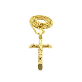 Hip Hop Polished Crucified Jesus on Cross Pendant 24" Various Chain Necklace in Gold Color Plated (2mm 24" Box Chain)