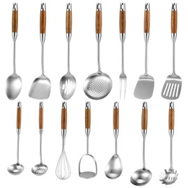 14 Pcs Stainless Steel Kitchen Utensils Set - Wooden Handle Metal Cooking Tools Set with Whisk, Masher, Spatula, Turner, Ladle, Skimmer, Pasta Spoon for Serving, Heat-Resistant Chef Gadgets