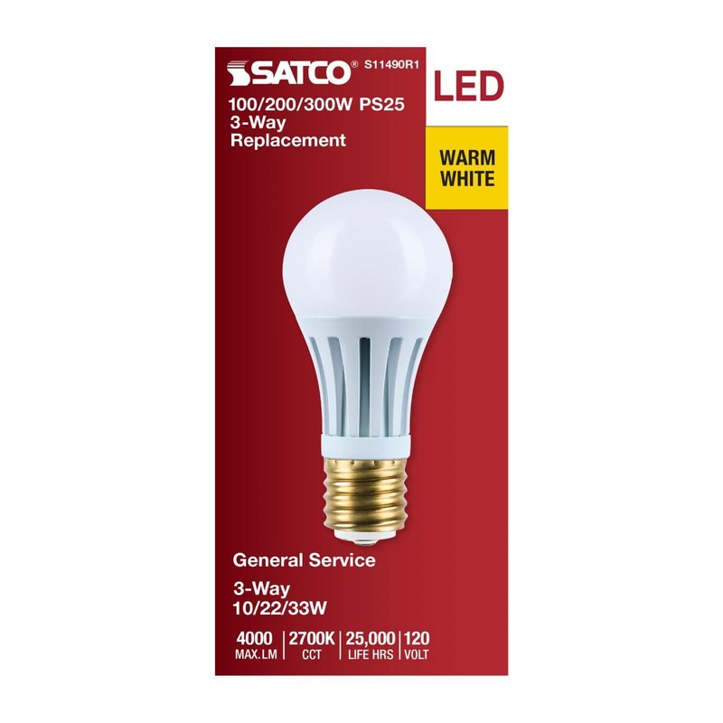 Satco LED Three-Way Lamp, 10/22/33W, Mogul Base, 2700K, White Finish