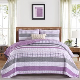 DJY Striped Quilt Set Queen Size, Purple Boho Bedspread Coverlet Set 3 Pieces Lightweight Soft Microfiber Patchwork Quilt Bedding Set for All Season (96"x90")