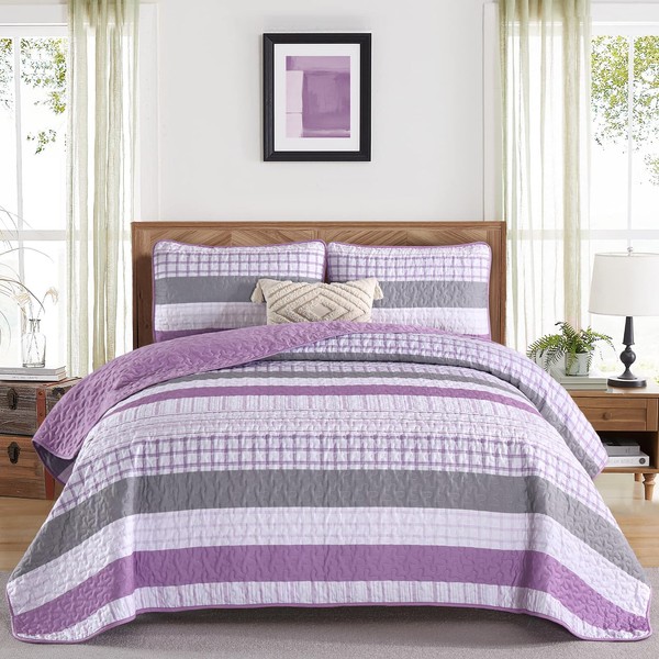 DJY Striped Quilt Set Queen Size, Purple Boho Bedspread Coverlet