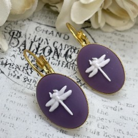 FANCY FOX BOUTIQUE Purple White Dragonfly Bright Gold Boutique French Wire Cameo Earrings Wedding