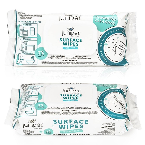 Juniper CLEAN 1 Pack Surface Cleaning Wipes Bleach Free, All-Purpose Cleaner for Bathroom, Kitchen, Office, 72 Count Soft Flow, Fresh Scent, Lint Free & Durable