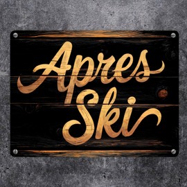 Apres Ski Party Decoration Metal Sign in 15 x 20 cm Rustic Metal Sign in 15 x 20 cm with Wood Look with Charming Branch Holes Slightly Warped for Warm Charm