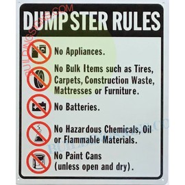 Dumpster Rules Sign (White, Reflective, Aluminum 10x12)