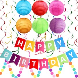 CAVETEE Birthday Decoration for Women, Rainbow Party Decorations with Colorful Happy Birthday Banner Paper Flag Bunting Paper Circle Confetti Garland Swirl