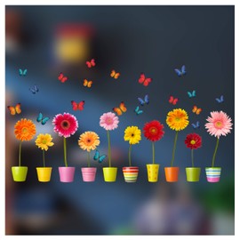 Flower Pots Window Stickers - 10 Individual Colourful Flowers in Pots with 20 Butterfly window stickers - Static Cling decorations for Windows and Glass Doors - Small
