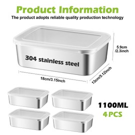 Set of 4 Food Boxes for Fridge, Food Storage Box with Lid, Fresh Food Storage Containers, Stainless Steel Food Storage Boxes for Fridge, Stainless Steel Food